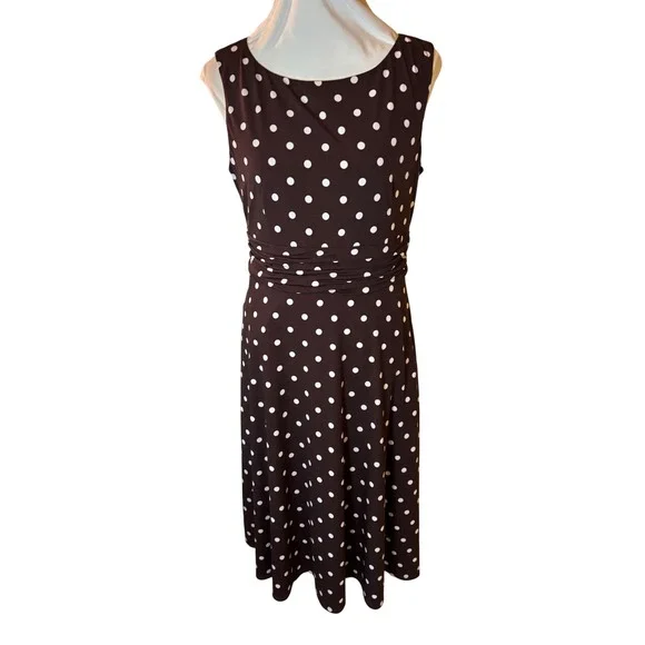 Y2K Jessica Howard Dress Brown White Polka Dot Sleeveless Midi Career Casual - Picture 1 of 16